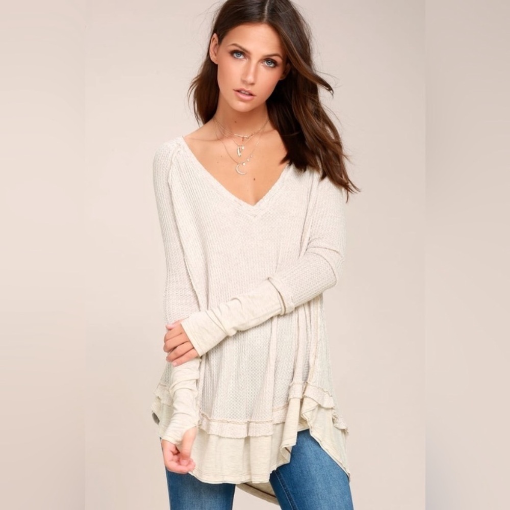 FREE PEOPLE WE THE FREE / Cream Laguna Waffle Knit Long Sleeve Tunic Top Size S